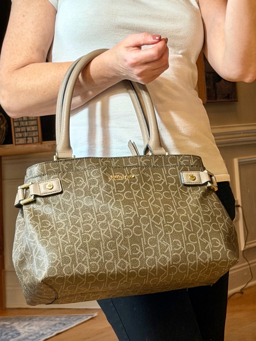 Calvin Klein Logomania Late 2010s Dorothy Monogram Satchel Brown Khaki